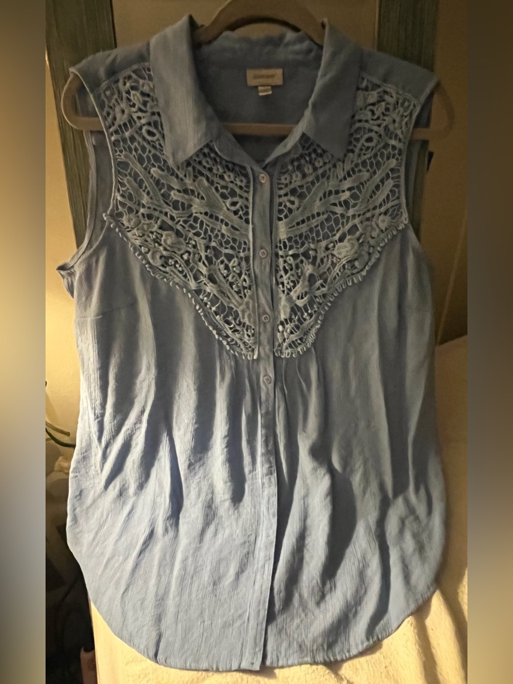 Avenue Light Blue Sleeveless Button-Down with Crochet Yoke